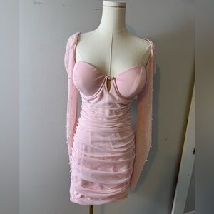 Embellished Long Sleeve Mini Dress in Blush pink